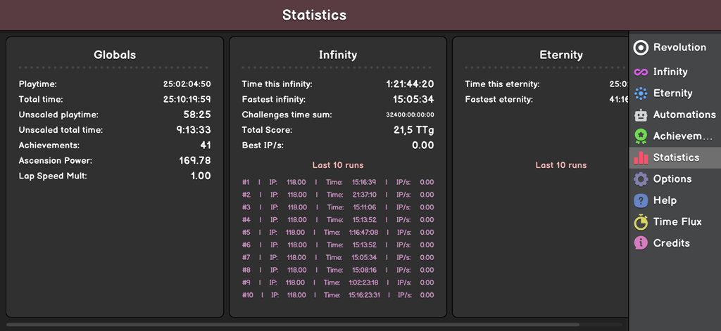 Revolution Idle - Revolution Idle game statistics screen showing global progress infinity milestones and eternity data panels