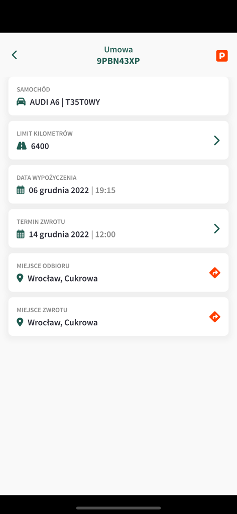 BEEP.rent - BEEP.rent 모바일 앱 화면으로, 차량 유형 및 픽업 위치를 포함한 차량 렌탈 계약 요약을 표시합니다.