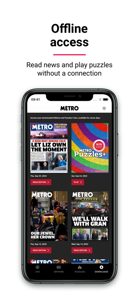 Metro: World and UK news app - メトロニュースアプリのダウンロードページが表示され、デジタル新聞版とパズルがオフラインアクセスで利用可能であることを示しています。