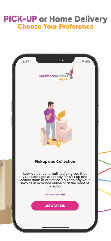 Caribbean Jetpak - Caribbean Jetpak app onboarding screen displaying package pickup and home delivery options