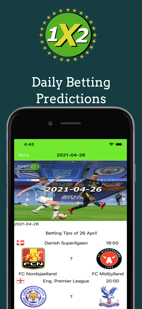 Interfaz de la aplicación Your1x2 Betting Predictions con consejos de apuestas de fútbol y predicciones de partidos