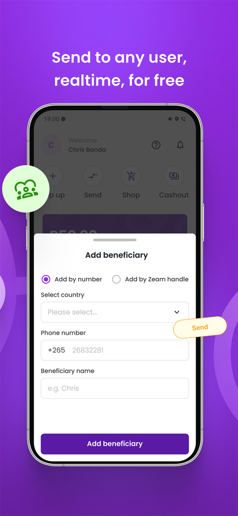 Zeam mobile app interface showing the add beneficiary form for free real-time money transfers.