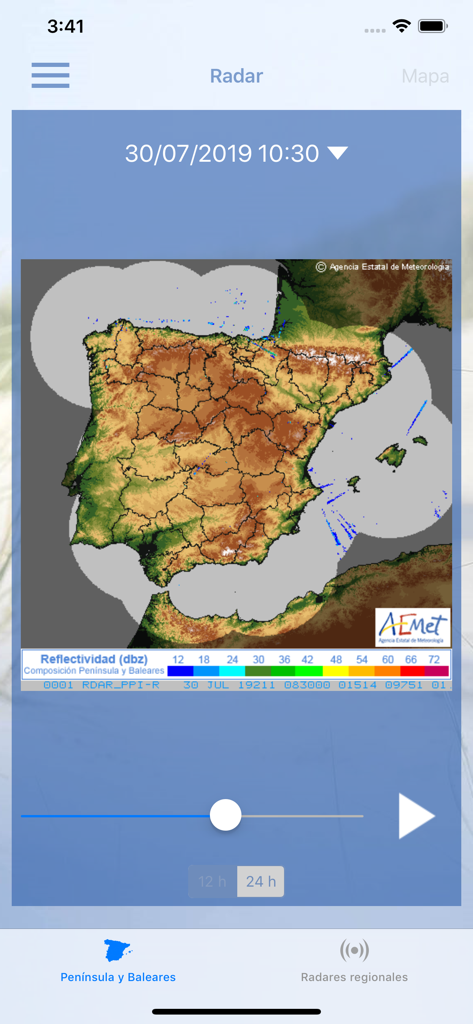 Un mapa de radar meteorológico de España y la Península Ibérica mostrado en la aplicación meteorológica oficial AEMET