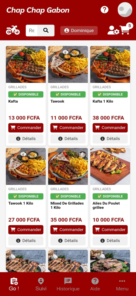 Chap Chap Gabon - Menú de comida de la aplicación Chap Chap Gabon con opciones de carne a la parrilla y precios