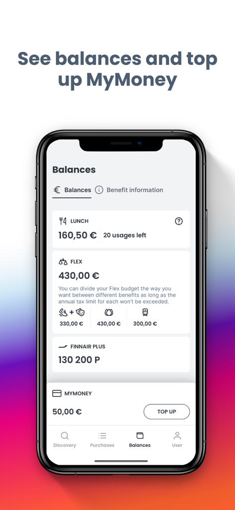 Epassi - Epassi app interface showing employee benefit balances for lunch and flex options with a top up button