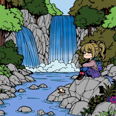 waterfall with a anime girl sitting on a rock by the waterfall