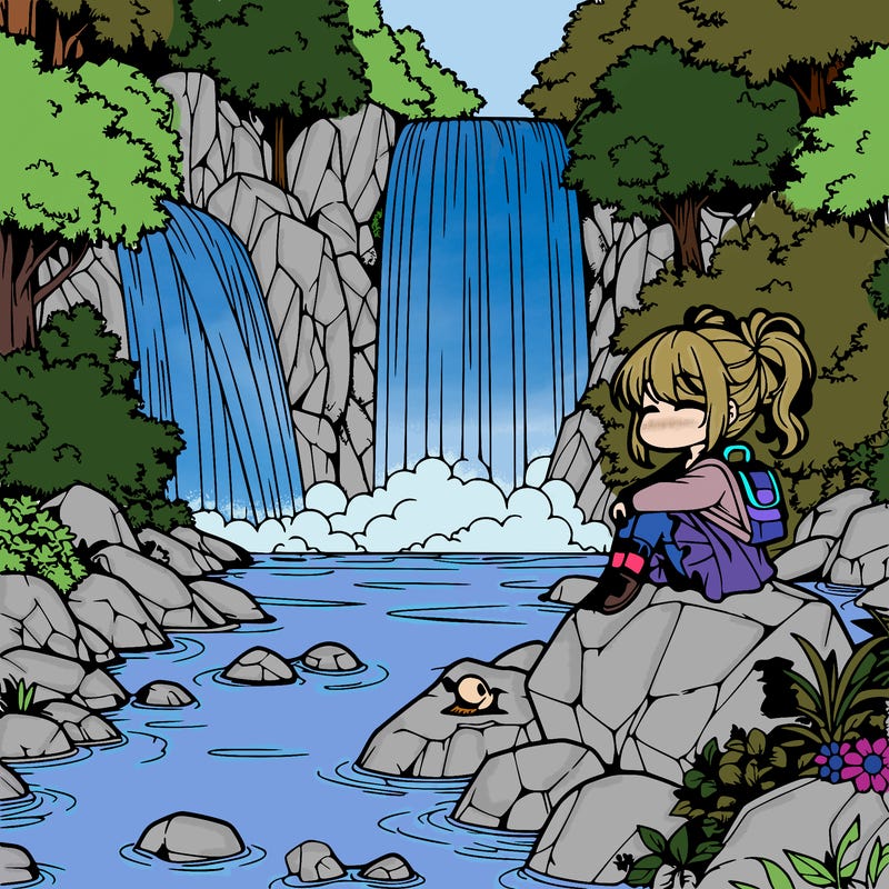 waterfall with a anime girl sitting on a rock by the waterfall