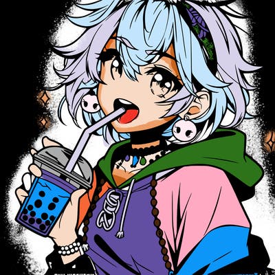 hot baddie anime girl drinking boba and biting the straw