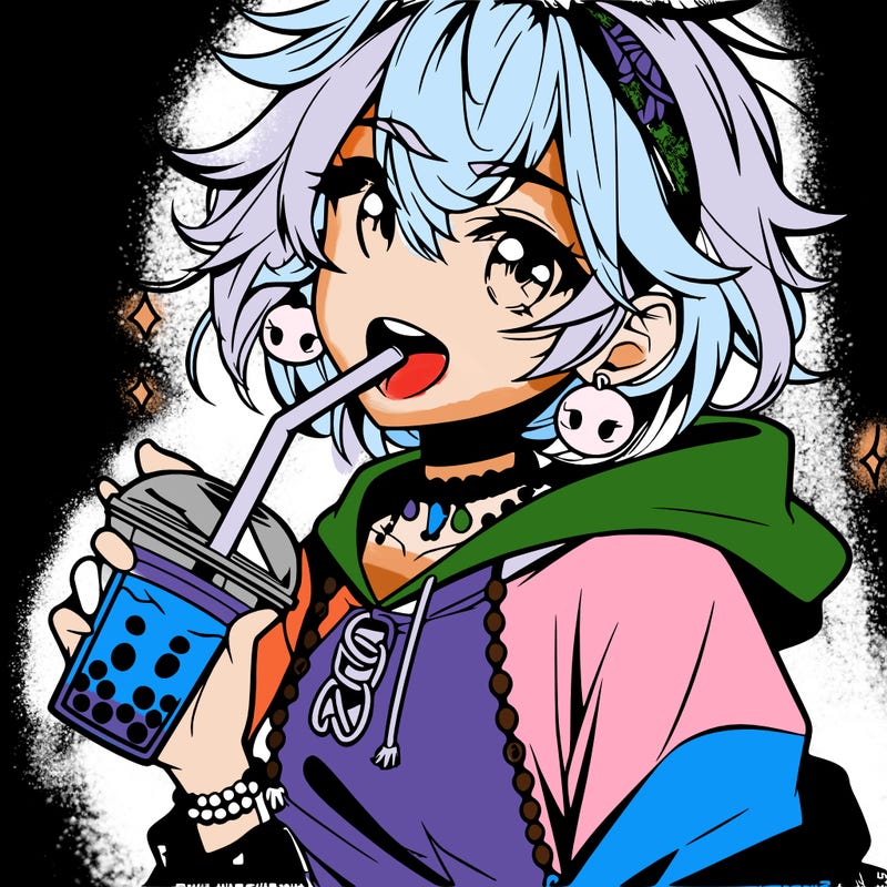 hot baddie anime girl drinking boba and biting the straw