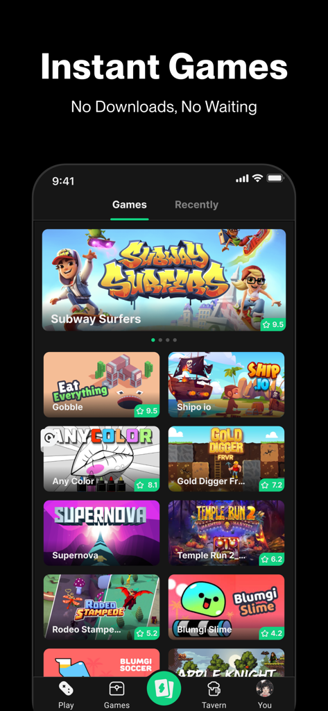 TapTap - TapTap app interface displaying the instant games section with popular titles like Subway Surfers and Temple Run 2 available to play without downloads