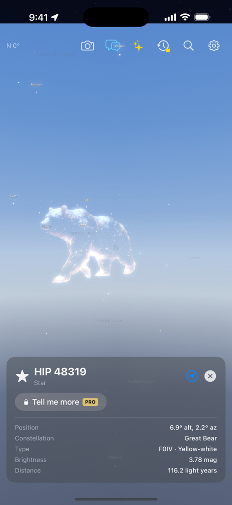 Interfaz de la aplicación Guía de Constelaciones que muestra la superposición de la constelación de la Osa Mayor y datos detallados para la estrella HIP 48319