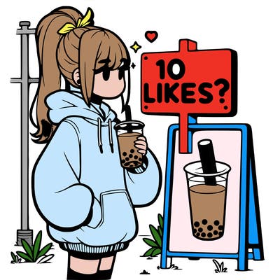 girl with oversized hoodie drinking boba and she has a high ponytail with a sign that says 10likes?