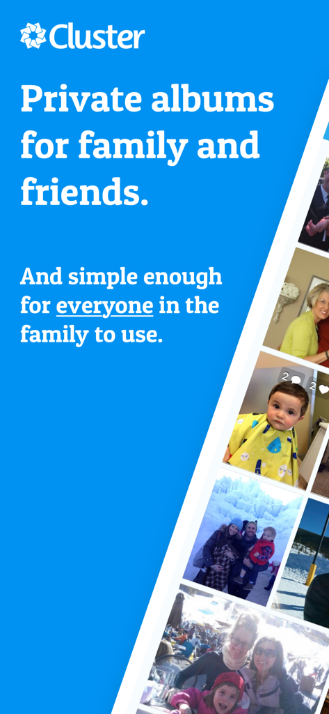 Cluster app screenshot showing private photo albums for family and friends