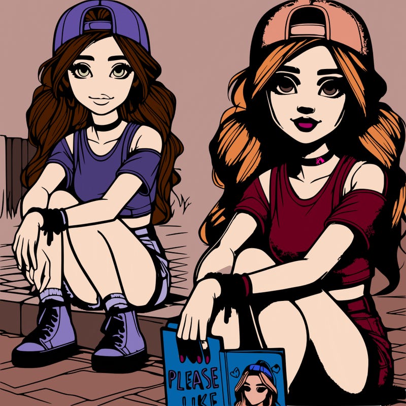 a realistic teenage girl wearing a short and a crop to with a ponytail with some caps and bracelet holding a please like book with sitting on th street