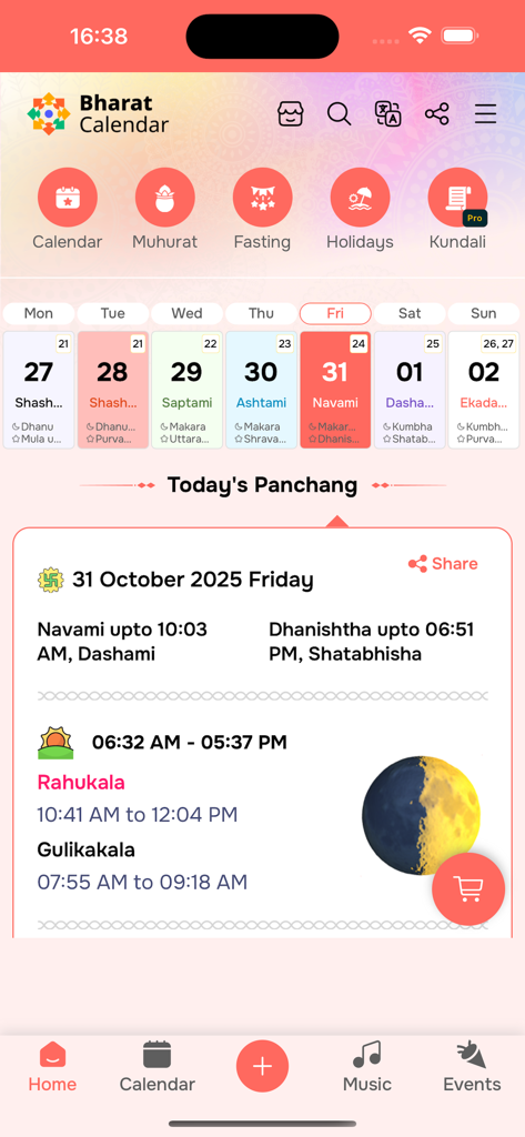 Bharat Calendar app showing daily Panchang details and auspicious timings