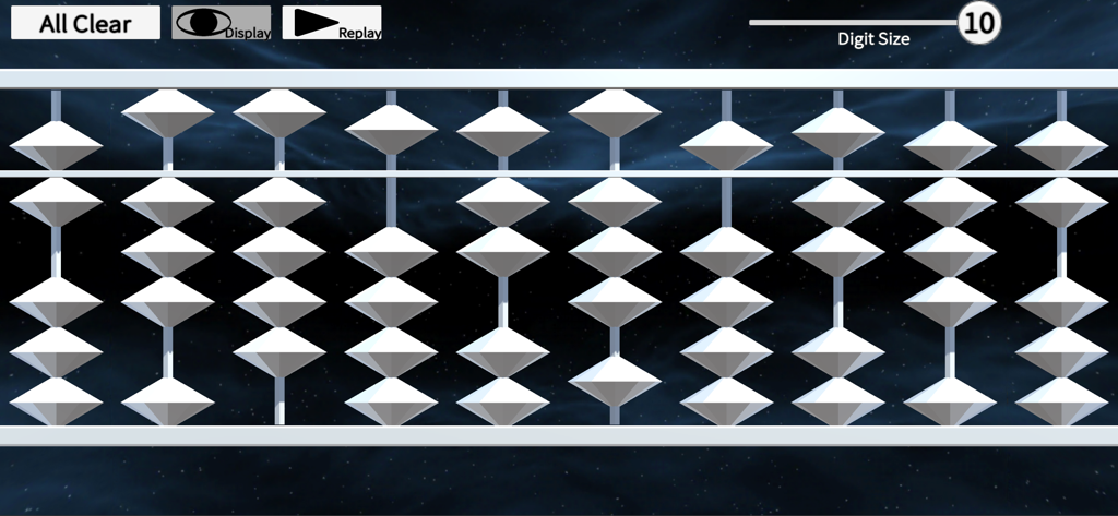 Abacus 2.0 - Digital abacus interface with white beads and control buttons on a space background
