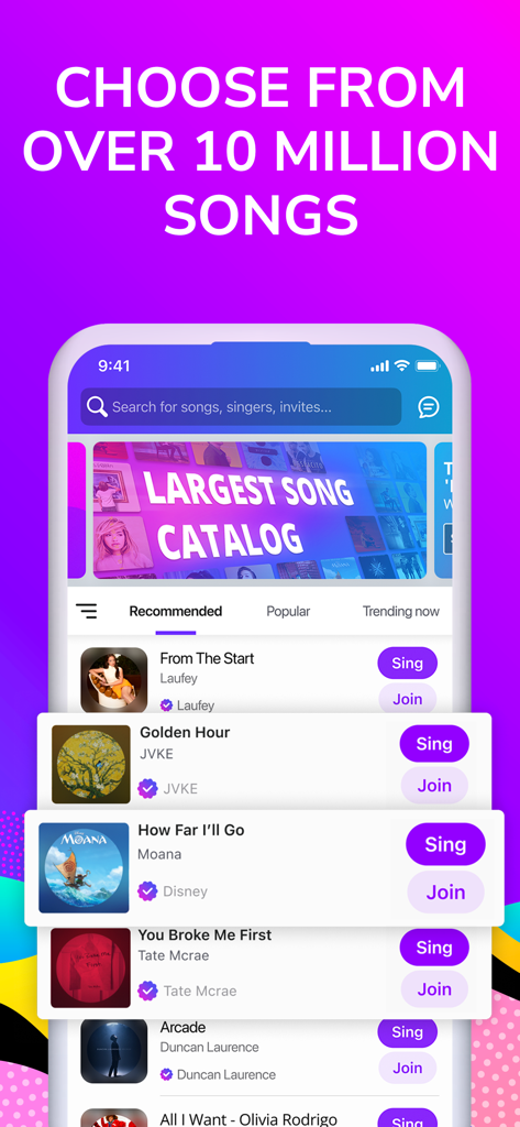 Interface of Smule karaoke app featuring a large library of popular songs and artists.