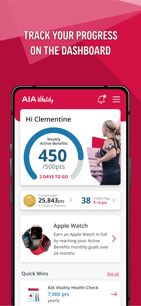Painel do aplicativo AIA Vitality Austrália mostrando rastreamento de pontos de saúde e recompensas