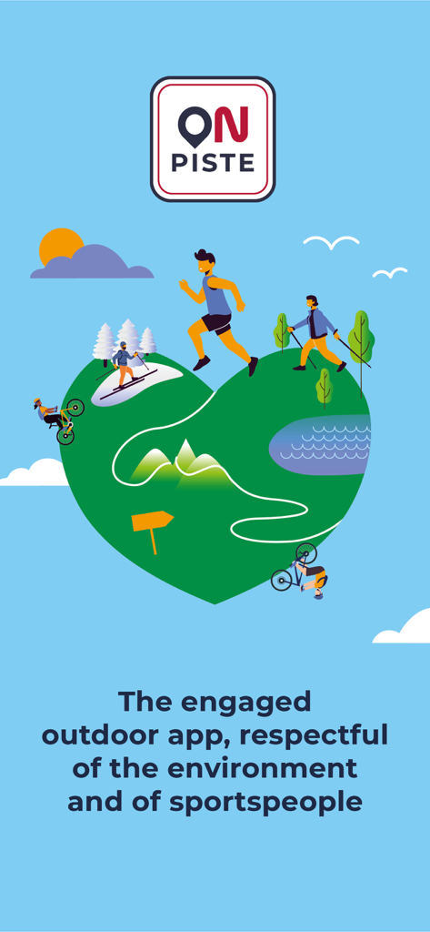 Tela de apresentação do aplicativo On Piste com ilustrações de esportes ao ar livre em uma colina verde em forma de coração