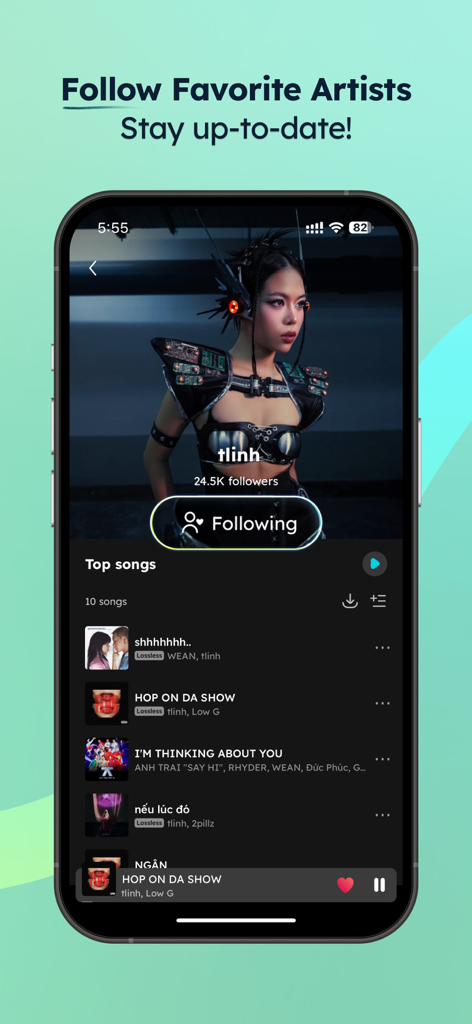 NCT - NhacCuaTui Nghe MP3 - Interface de l'application NCT montrant le profil d'artiste de tlinh avec des options pour suivre et écouter les meilleures chansons.