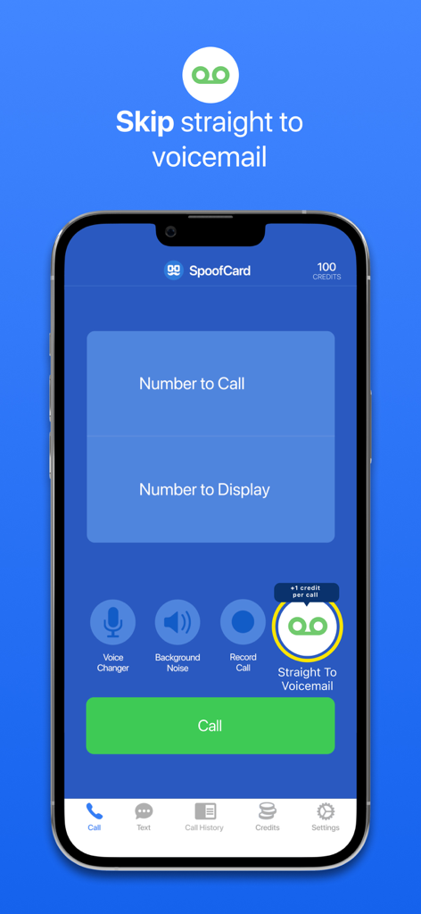 SpoofCard - Privacy Protected - SpoofCard mobile app interface featuring the option to skip calls straight to voicemail