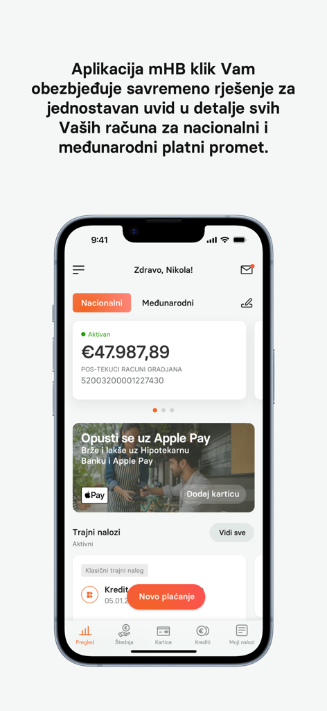 mHB klik - A dashboard view of the mHB klik mobile banking app showing account balance and financial services in Montenegrin.