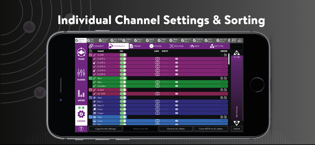 KLANG:app 5 - Interface do KLANG app mostrando configurações de canal de áudio individuais e opções de ordenação em um smartphone