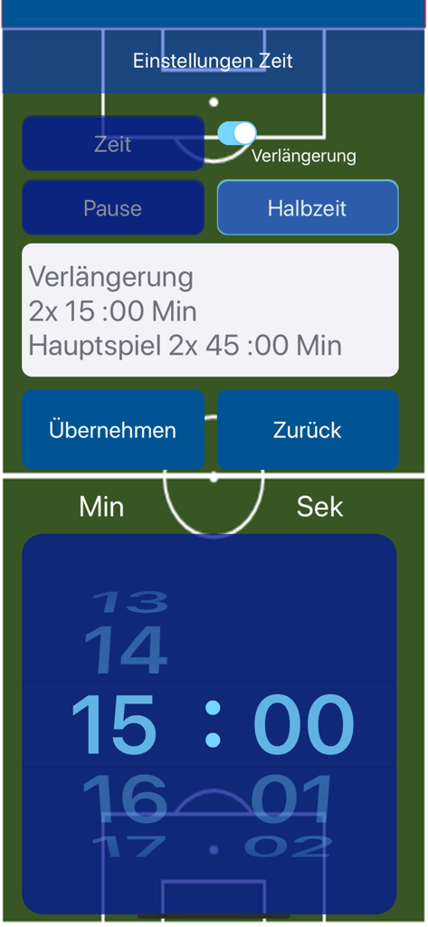 Schiri-App - Soccer referee app interface for setting match duration, half-time, and extra time periods.