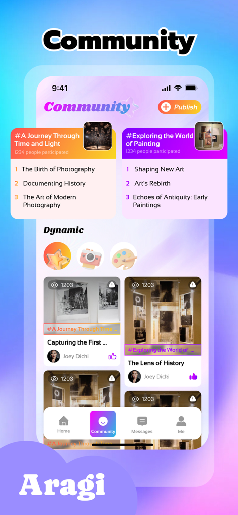 The community screen of the Aragi app showing art exhibition topics and user-shared photography and painting posts.