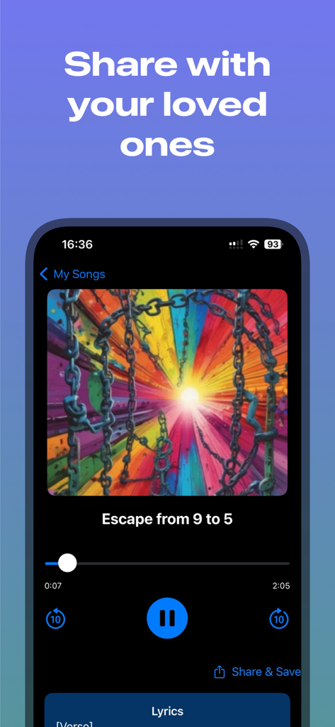 Interface du lecteur de musique mobile montrant une chanson générée intitulée "Escape from 9 to 5" avec des options de partage et d'enregistrement