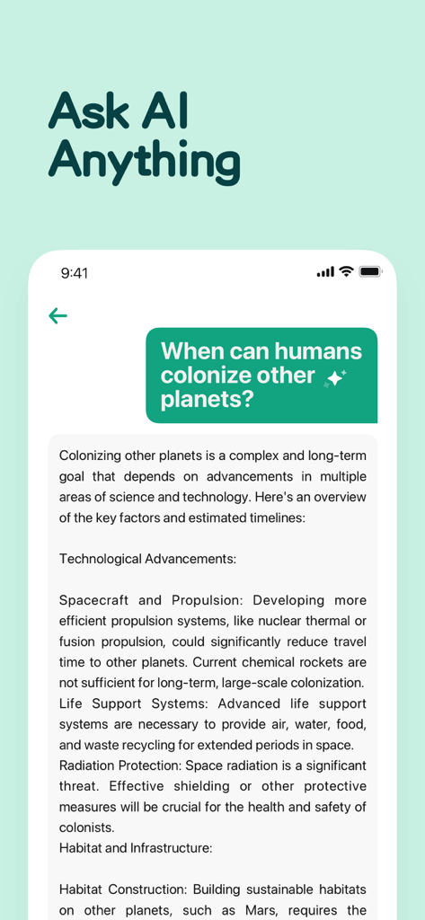 Una captura de pantalla móvil del chatbot Chatbox AI respondiendo una pregunta sobre la colonización espacial