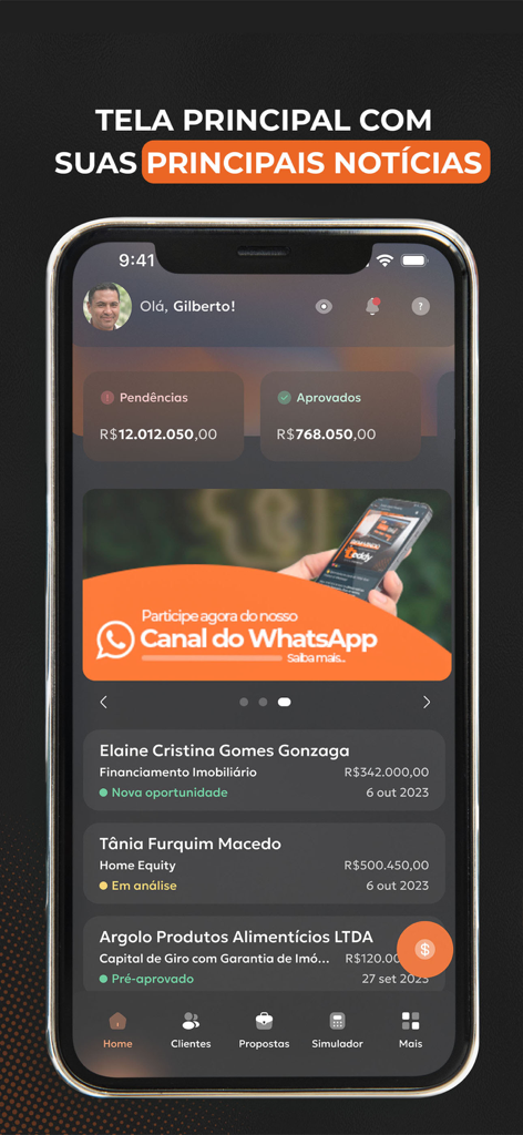 Teddy 360° - Painel principal do aplicativo Teddy 360 exibindo transações financeiras pendentes e aprovadas e o status de leads de clientes.