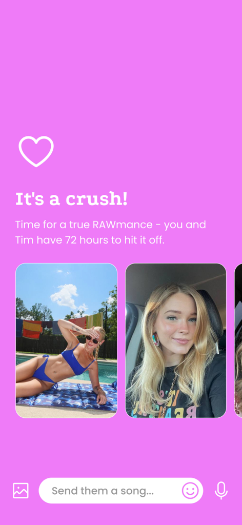 RAW - Date 100% real people - A pink screen on the RAW dating app announcing a crush with real time photos of a user.