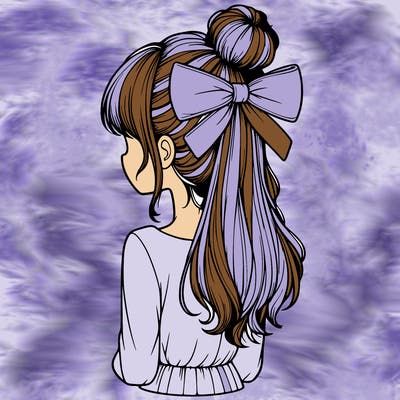 realistic girl  with hip length hair a bun and a big bow on the back of head