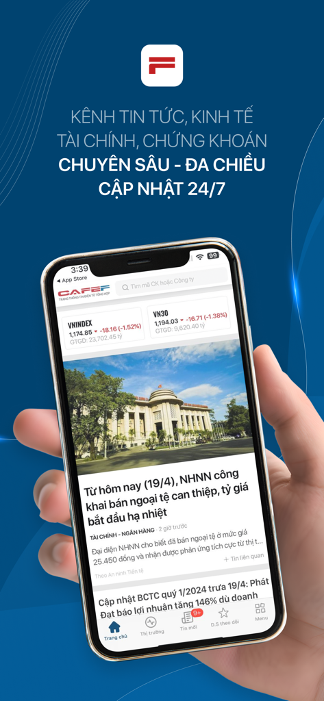 CafeF:Tin tức đầu tư, cổ phiếu - Interfaz de la aplicación móvil CafeF que muestra actualizaciones del mercado bursátil vietnamita y noticias económicas