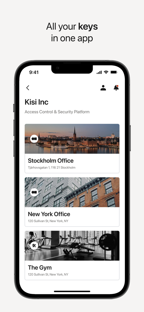 Kisi - Kisi mobile app dashboard showing digital access keys for multiple locations including offices in Stockholm and New York and a gym
