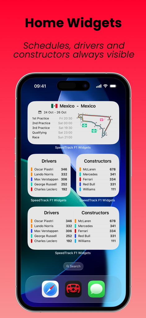SpeedTrack F1 Widgets - iPhone home screen displaying Formula 1 widgets including race schedules driver standings and constructor standings