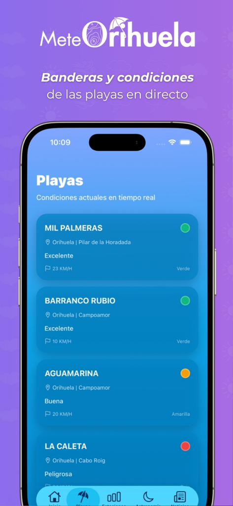 Echtzeit-Strandbedingungen und Sicherheitsflaggen in der MeteOrihuela Mobile App.