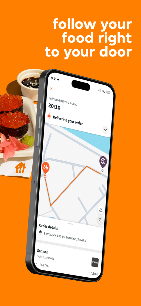 Bistro.sk app interface showing real time food delivery tracking on a map