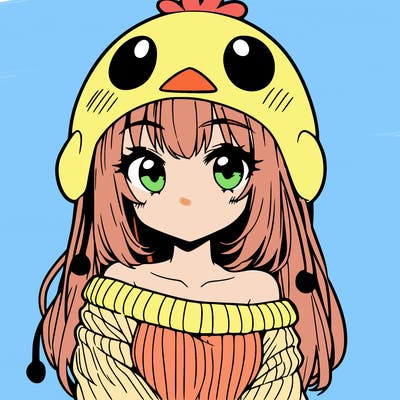 anime girl with chick shaped hat with sweater with bare shoulders with bangs covering them one eye with low tail