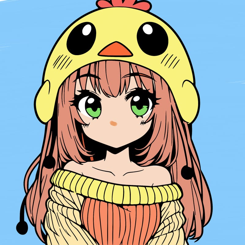 anime girl with chick shaped hat with sweater with bare shoulders with bangs covering them one eye with low tail