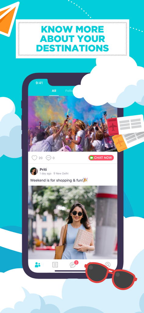 Tabby Bobby mobile app screen displaying a travel social feed with destination photos and chat options