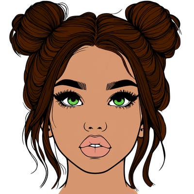 realistic girl with two buns on her hair and lips