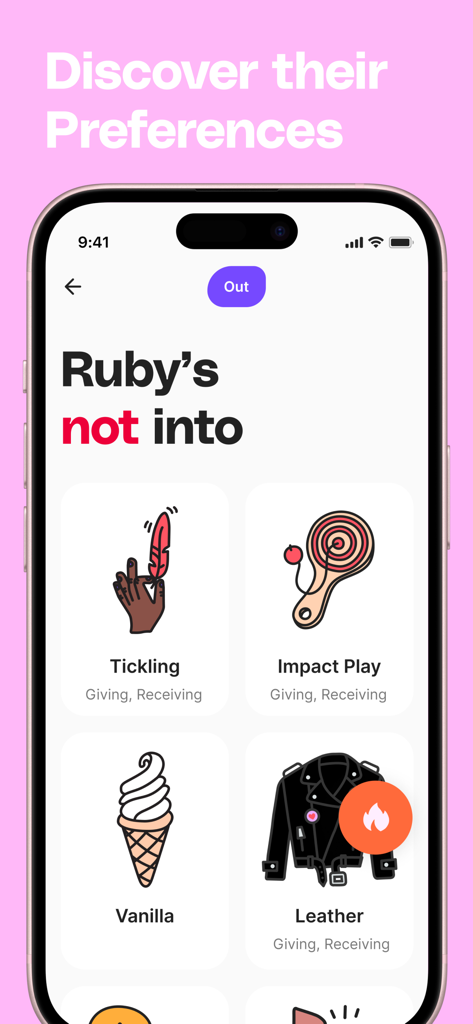 성적 취향과 비선호 리스트가 투명하게 공개된 사용자 프로필을 보여주는 HUD 데이팅 앱 화면