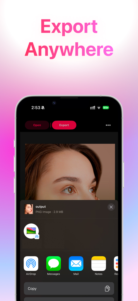 AirDrop 및 Messages와 같은 공유 옵션이 있는 Blemish Remover 앱의 내보내기 기능을 보여주는 스마트폰 화면