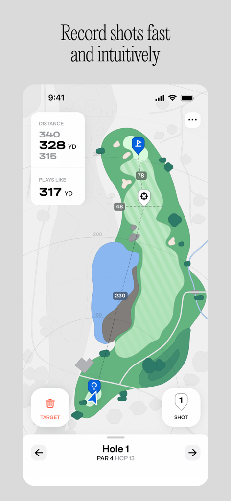 Golfmetrics - Golf hole map interface in the Golfmetrics app showing distance information and shot tracking options