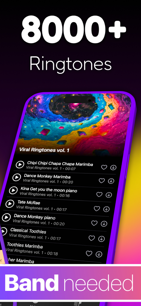 Un smartphone mostrando una colección de más de 8000 tonos de llamada virales para iPhone.