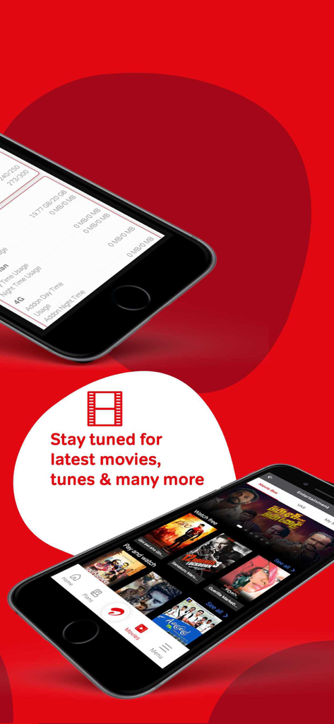 Dos teléfonos inteligentes que muestran la interfaz de la aplicación My Airtel con estadísticas de uso de datos y una pantalla de selección de películas sobre un fondo rojo