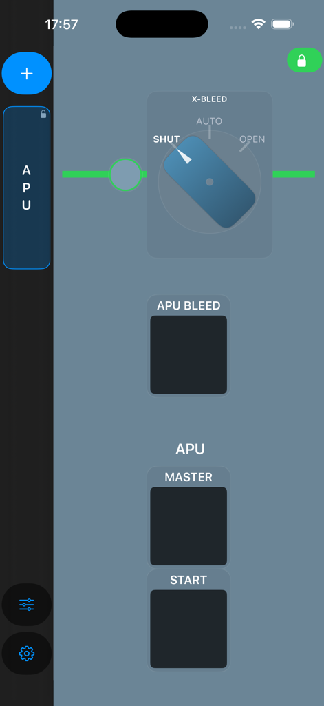 Interfaz de la aplicación móvil para XPPanels mostrando un diseño personalizado para los controles APU y bleed del avión
