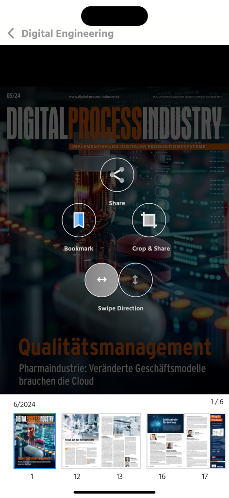 Interface of the Digital Engineering app showing reader features like share, bookmark, and crop options over a magazine cover.